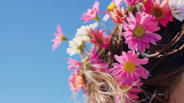 Close-up van vrouw met verschillende bloemen delicaat geplaatst in haar haar toont een unieke