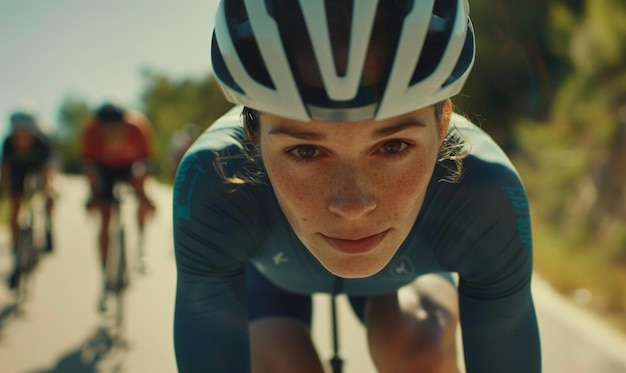 Close-up van vrouwelijke fietser rijden racing fiets groep van fietsers in de achterkant