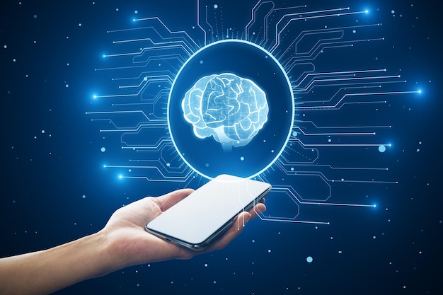 Foto close-up van vrouwelijke hand met mobiele telefoon met gloeiend circuit hersenhologram op onscherpe achtergrond neuraal netwerk iq testen brainstorm denk idee