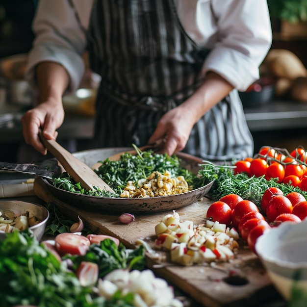 Foto close up van vrouwelijke handen koken groentesalade in de keuken gezonde levensstijl concept