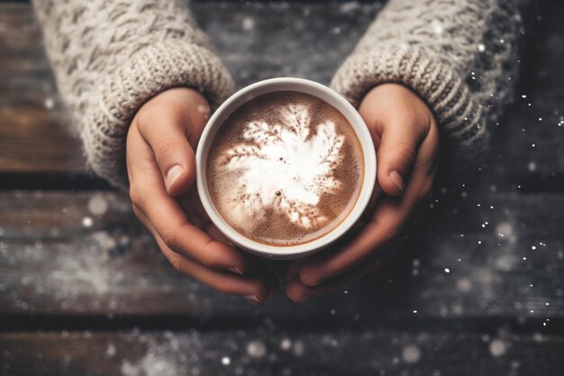 Close-up van vrouwelijke handen met beker met warme chocolademelk op houten tafel