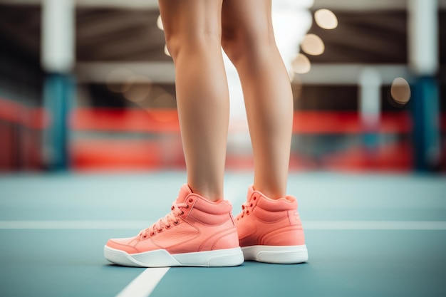 Close-up van vrouwelijke tennisspelers met benen in actie op de trendy indoor court tijdens een intense wedstrijd