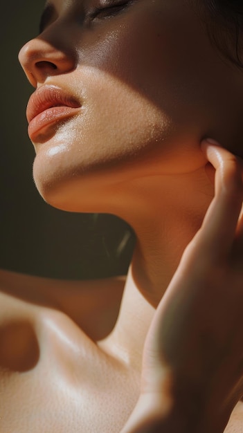 Close-up van vrouwen gezicht kin mooie lippen en nek met aanraking op wang gezicht met één hand