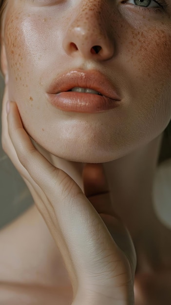 Close-up van vrouwen gezicht kin mooie lippen en nek met aanraking op wang gezicht met één hand