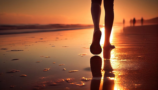 Close-up van vrouwenvoeten die bij zonsondergang op het strand lopen met generatieve AI-technologie