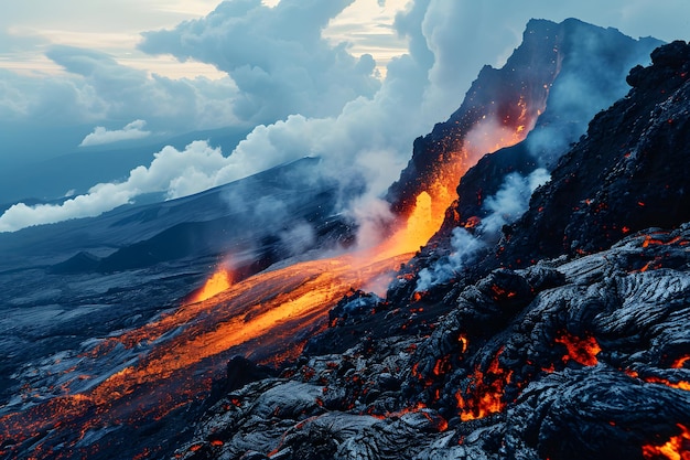 Close-up van vulkaanuitbarsting Berg ontploft met vloeiend magma Fantasie Landschap