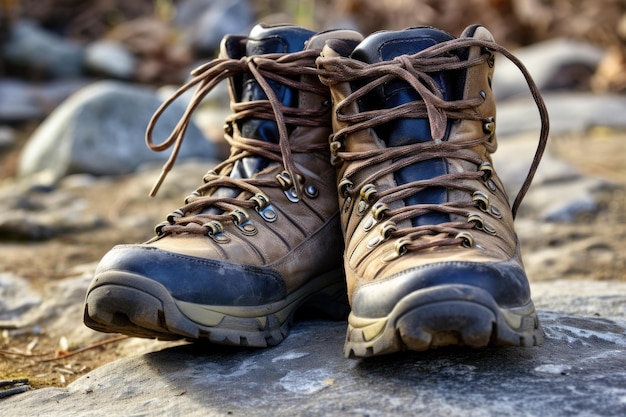 Close-up van wandelschoenen en trekkingstokken