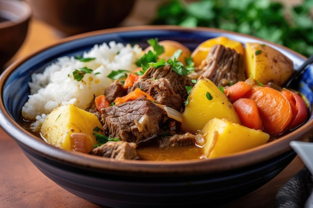 Close-up van warme en stomende kom Colombiaanse stoofpot met aardappelen en rundvlees