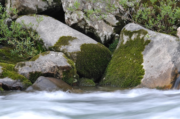 Foto close-up van water dat door rotsen stroomt