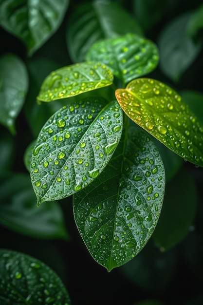 Close-up van waterdruppels op groene bladeren