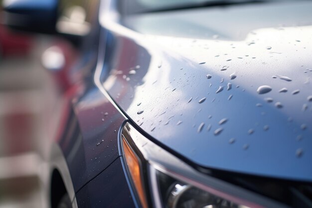 Close-up van waterdruppels op het oppervlak van een nieuwe auto