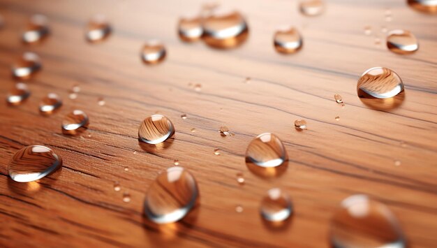 Close-up van waterdruppels op houten oppervlak in een stijlvolle omgeving