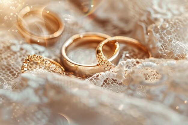 Close-up van wazige gouden trouwringen versierd met kristallen op een kant textiel achtergrond