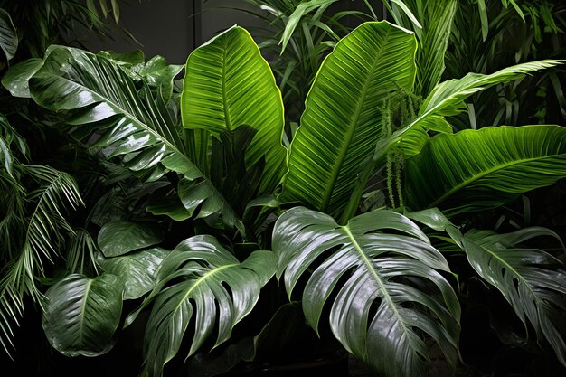 Close-up van weelderige groene tropische bladeren met exotisch gebladerte