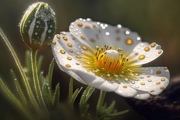 Close-up van weidebloem met dauwdruppel op de bloemblaadjes