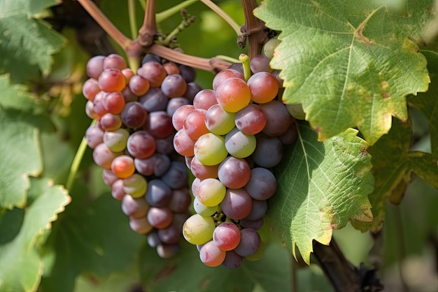 Close-up van wijnstok met trossen rijpe sappige druiven gemaakt met generatieve ai