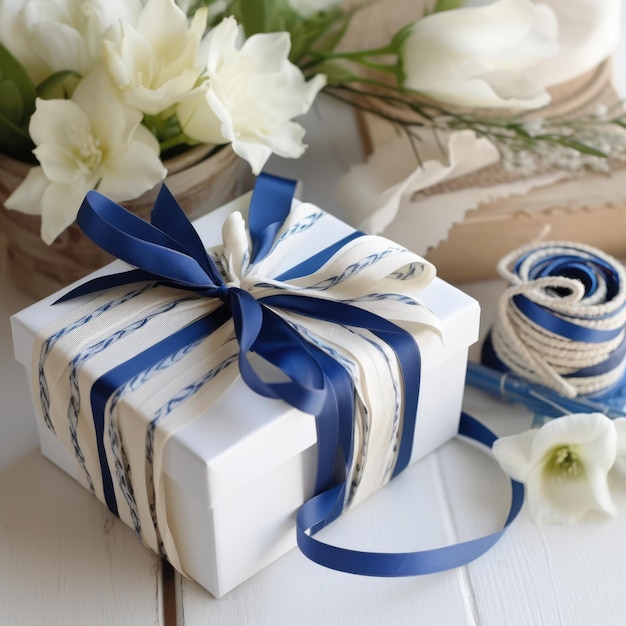 Foto close-up van wit en blauw geschenk met lint en bloemen gemaakt met behulp van generatieve ai-technologie