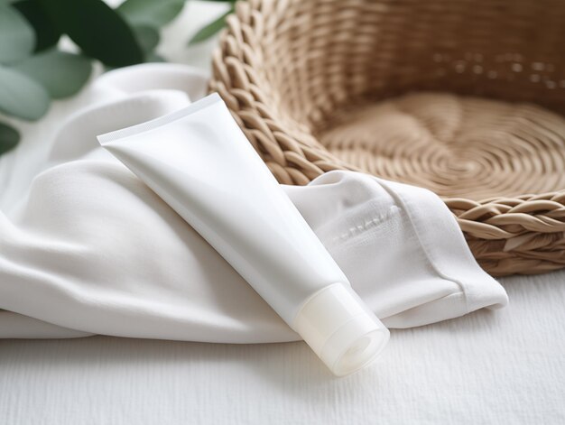 Close-up van witte lege buis cosmetisch product op de witte tafel witte gezicht crème buis container mo