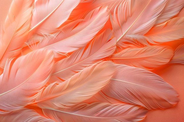 Close-up van zachte roze veren op een perzikachtige achtergrond