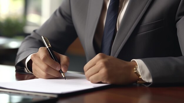 Foto close-up van zakenman die aan tafel zit en een document ondertekent