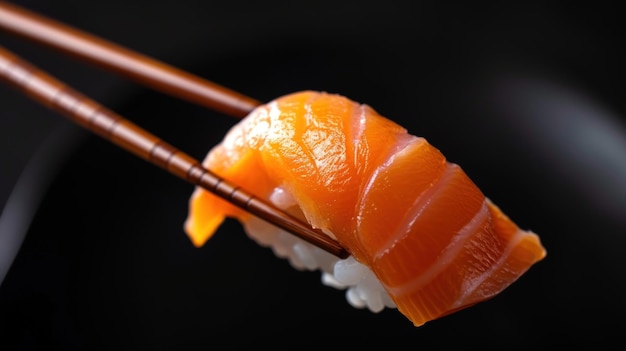 Close-up van zalm Sushi nigiri in eetstokjes op zwarte achtergrond generatieve AI-beeld