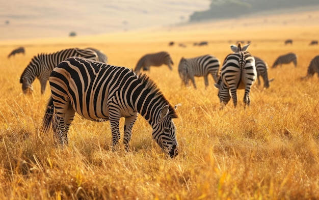 Close-up van zebra's die grazen in de gouden savanne