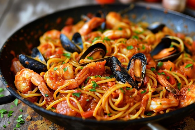 Close-up van zeevruchten spaghetti met mosselen garnalen tomatensaus en peterselie
