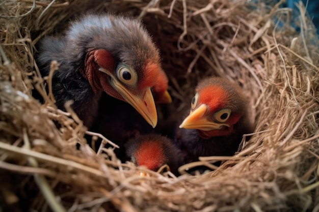 Close-up van zeldzame vogelkuikens die uit hun eieren komen in het nest dat is gecreëerd met generatieve ai