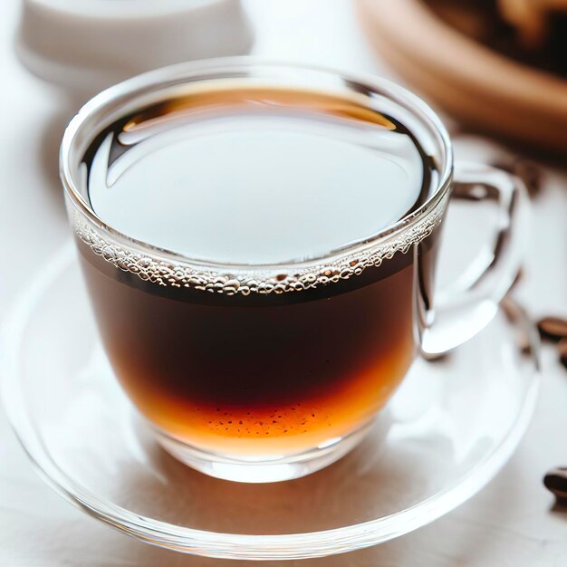 Close up van zelfgemaakte alternatieve cafeïnevrije cichoreidrank in een kopje op tafel op witte achtergrond