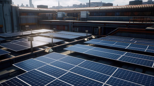 Close-up van zonnepanelen op het dak van de fabriek