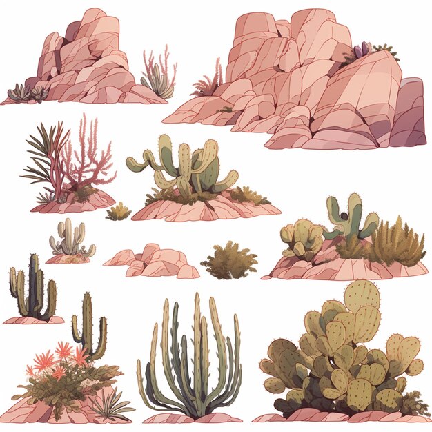 Photo a close up of a variety of cactus plants and rocks generative ai