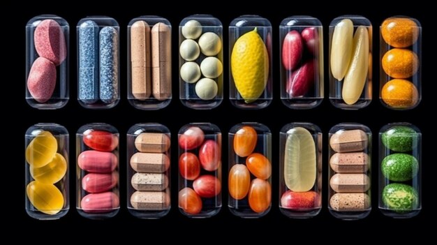 Foto un primo piano di una varietà di pillole e capsule generative di diversi colori