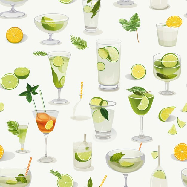 A close up of a variety of drinks with limes and lemons generative ai