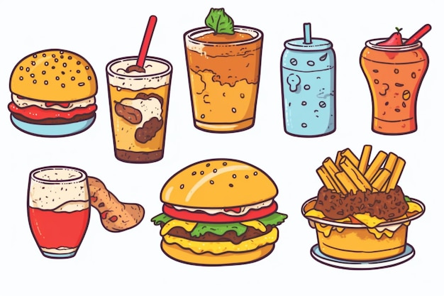 A close up of a variety of fast food items including a burger generative ai