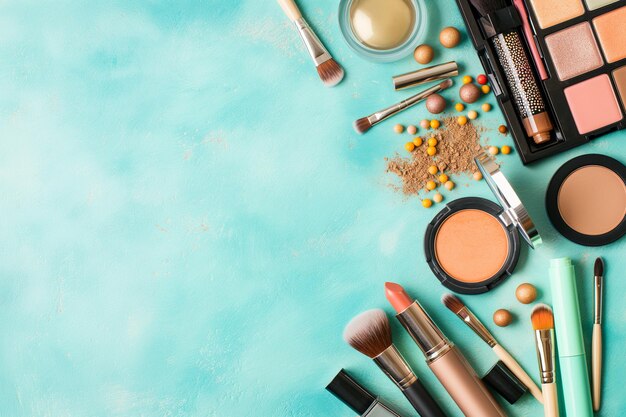 a close up of a variety of makeup products on a blue surface generative ai