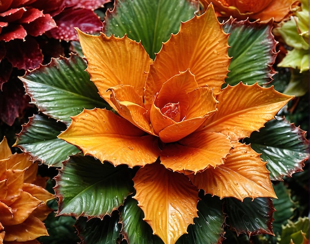 a close up of a variety of orange and red flowers