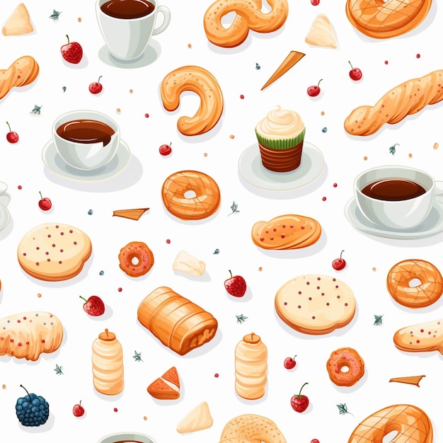 A close up of a variety of pastries and coffee on a white background generative ai