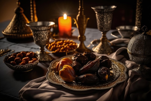 Close up variety of table with arabic food during iftar meal on ramadan AI generated