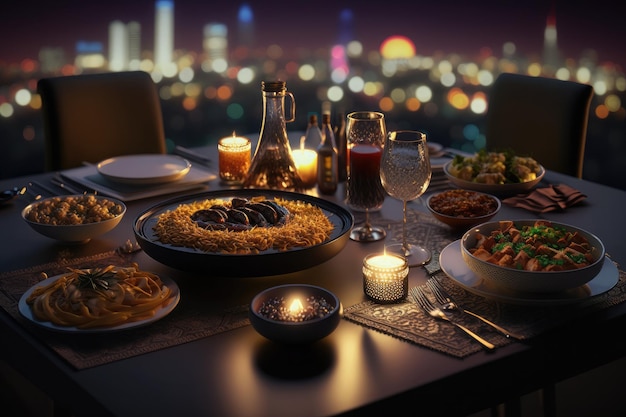 Close up variety of table with arabic food during iftar meal on ramadan AI generated