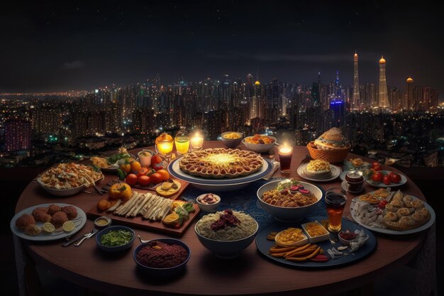 AI が生成したラマダンのイフタールの食事中に、アラビア料理を含むさまざまなテーブルのクローズ アップ
