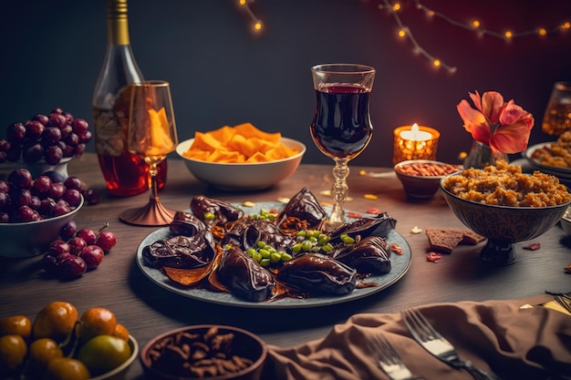 Close up variety of table with arabic food during iftar meal on ramadan AI generated