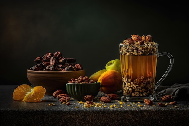 Close up variety of table with arabic food during iftar meal on ramadan AI generated