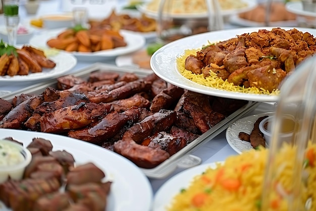 Close up variety of table with arabic food during iftar meal on ramadan