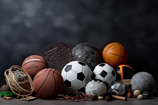 Photo close up of various balls and sports elements on dark background