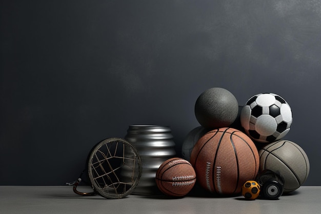 Foto primo piano di varie palline ed elementi sportivi su sfondo scuro