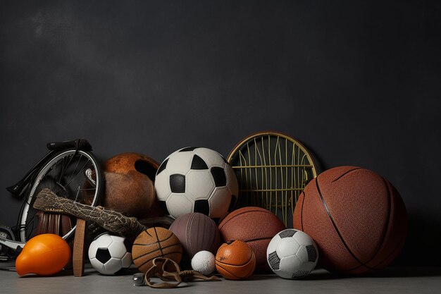 Photo close up of various balls and sports elements on dark background