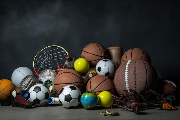 Foto primo piano di varie palline ed elementi sportivi su sfondo scuro