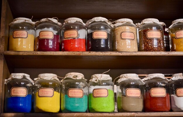 Photo close-up of various bottles in shelf