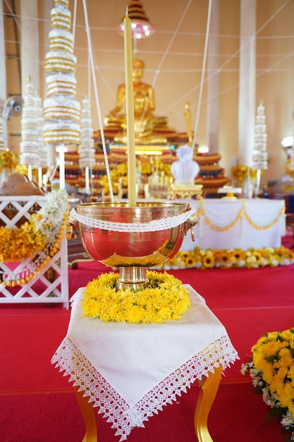 Close-up of various food on table at temple