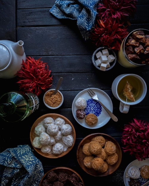 close-up of various food on table